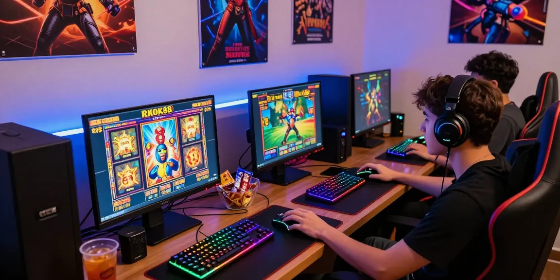 Players enjoying the excitement of rokok88 slot in a vibrant gaming setup with engaging graphics and dynamic peripherals.