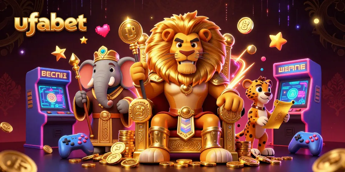 Bet on ufabet and join the thrilling adventure in this vibrant casino scene featuring a lion king and colorful games.