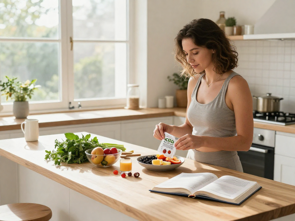 CBD edibles on kitchen counter, showcasing gummies as part of a natural wellness routine with healthy foods and organic herbs.