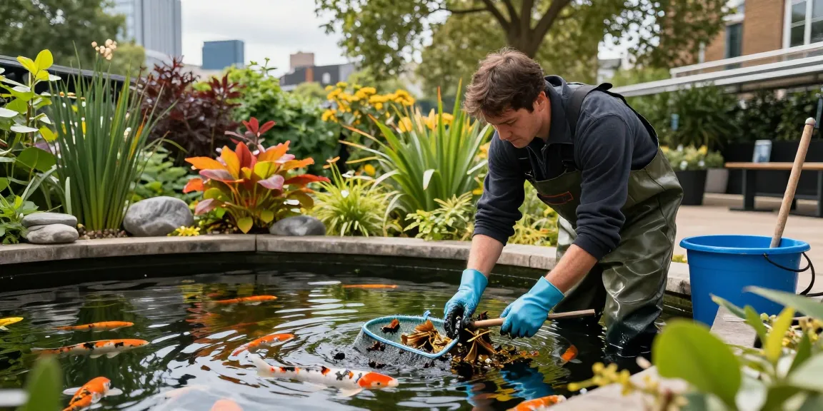 Pond Clean London service technician cleaning a vibrant koi pond in an urban setting.