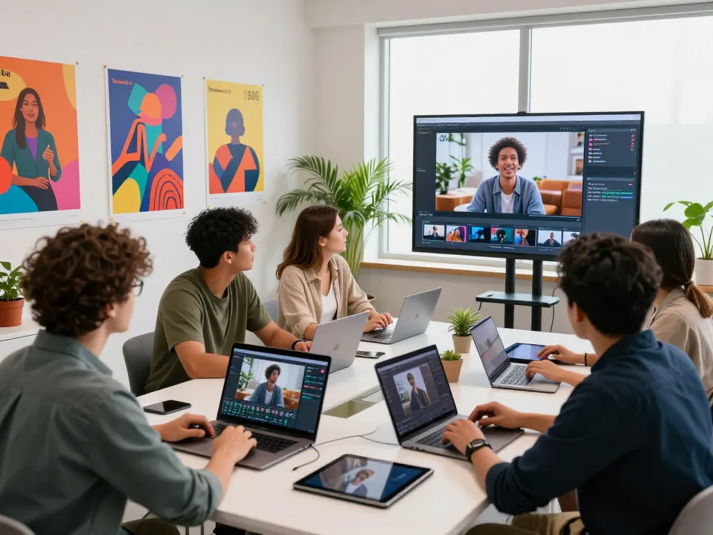 Creative video production scene featuring Seedance 2.0, showcasing a diverse team of professionals collaborating on AI-generated videos.