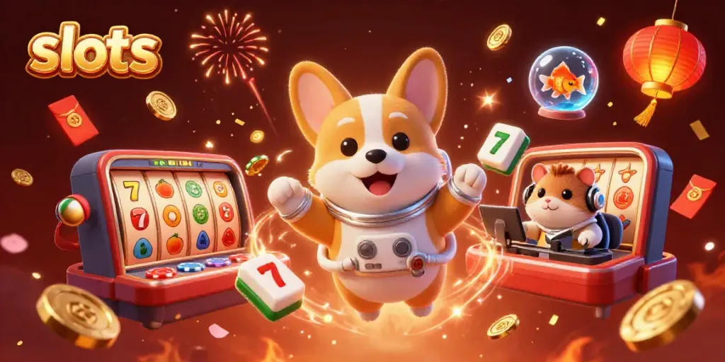 Join the fun with drifting slots symbols, an astronaut corgi, and vibrant casino elements
