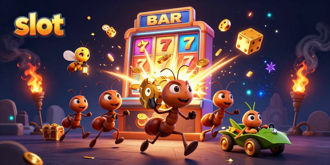 Engaging scene of ants heisting slots with a golden poker chip, vibrant slot machine, and casino action.