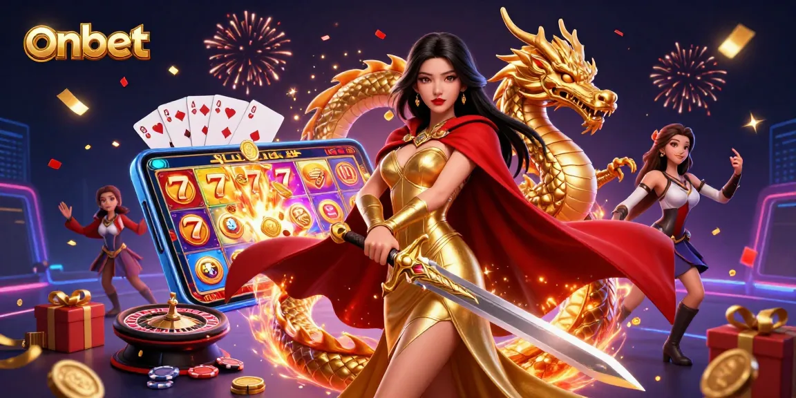 Engage in thrilling games at onbet featuring a warrior queen and golden dragon amidst slot games and poker elements.