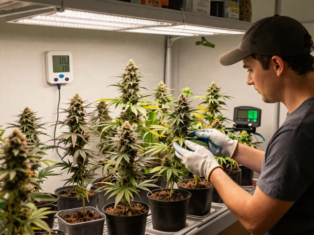 Indoor cultivation of CBD seeds with a passionate grower inspecting plants in a vibrant garden.