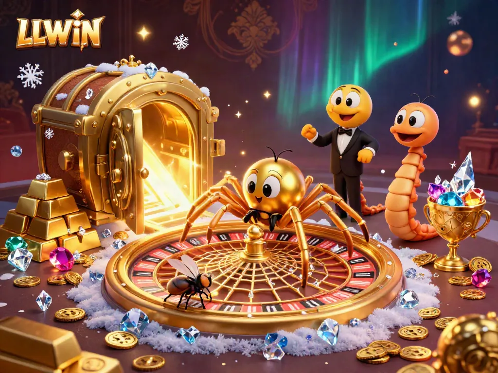 Experience thrilling bets at LLWIN as a golden spider weaves a roulette wheel web adorned with treasures.