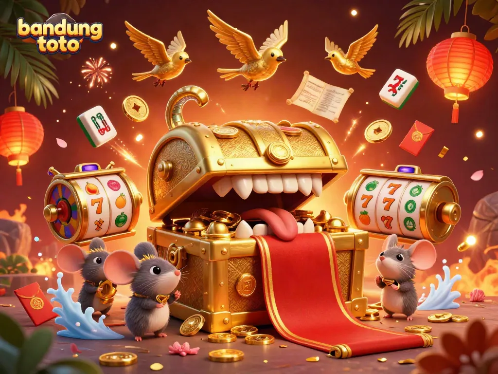 Experience bandung toto thrills with a vibrant 3D illustration showcasing golden treasures and dynamic casino elements.