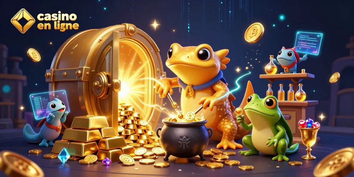 Jouez dans un casino en ligne crypto avec des illustrations attrayantes de pièces de monnaie et de jeux.