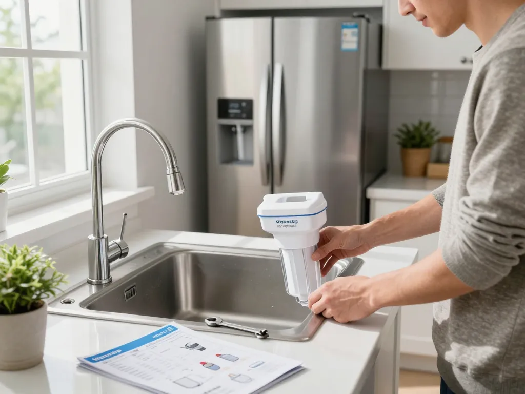 Person installing Waterdrop ADQ73613401 Refrigerator Water Filter in a bright kitchen, highlighting modern home improvement.
