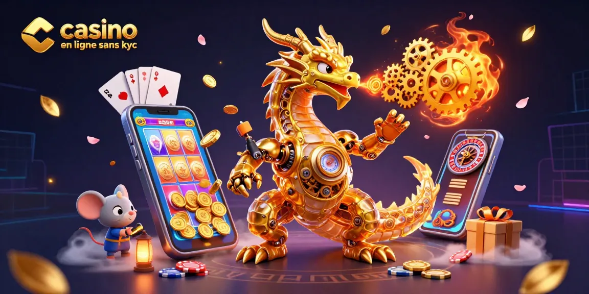 Jouez au casino en ligne sans kyc avec un dragon mécanique doré et des jeux vibrants autour.