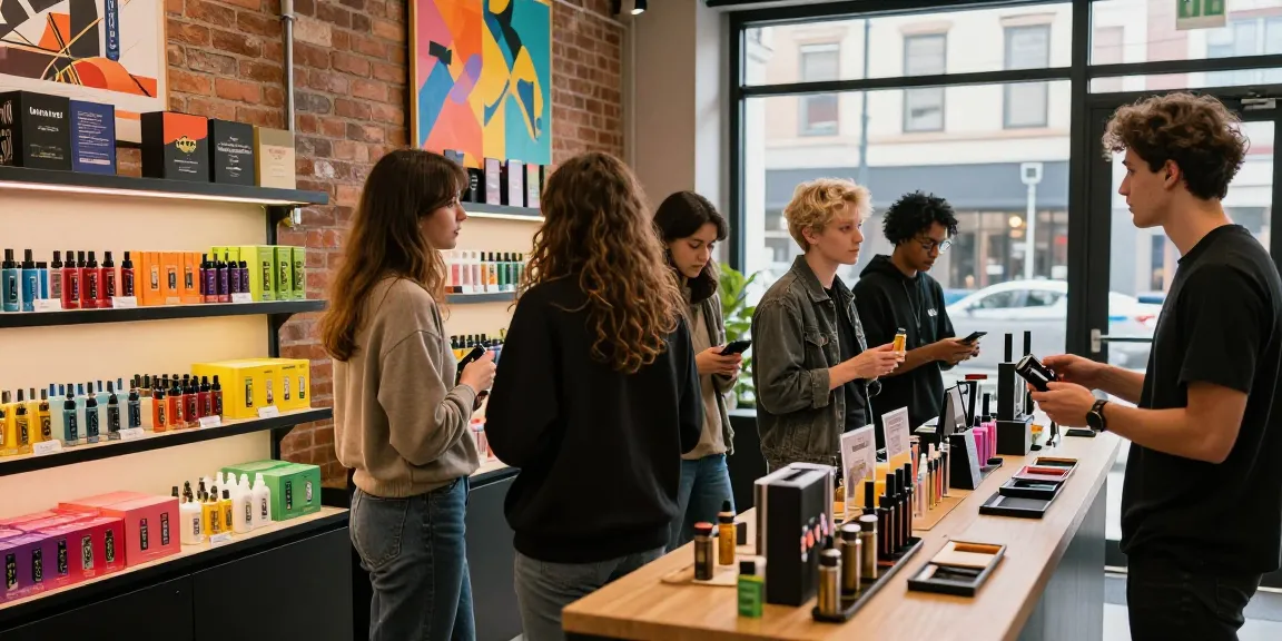 Young adults enjoying a trendy vape shop focused on Muha Med cannabis products with vibrant decor.