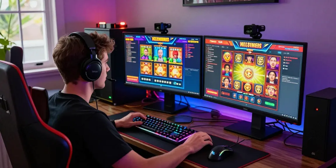 Engaged player enjoying a slot deposit 5k gaming experience with colorful monitors and accessories.