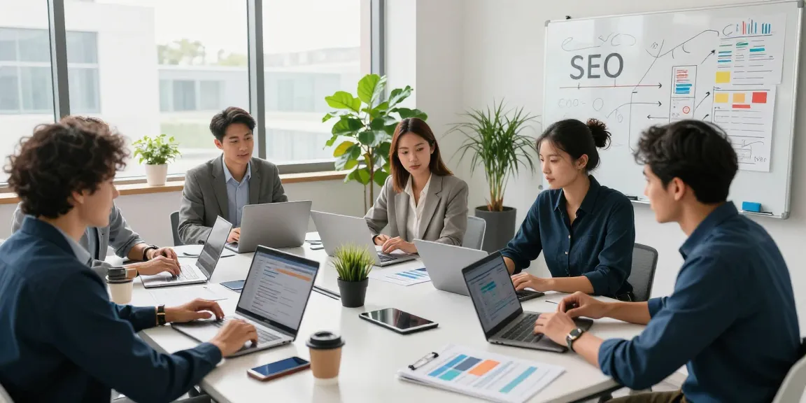 Team collaborating on best seo services strategies in a modern office