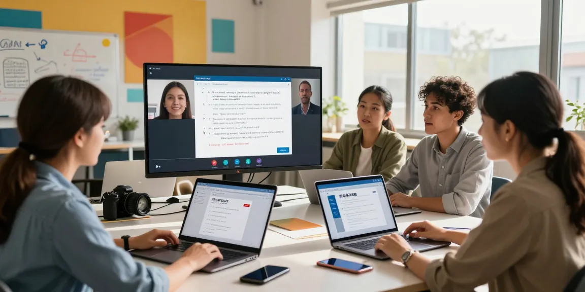 Group of professionals discussing on video call, showcasing the 纸飞机中文版 app interface in a modern office setting.