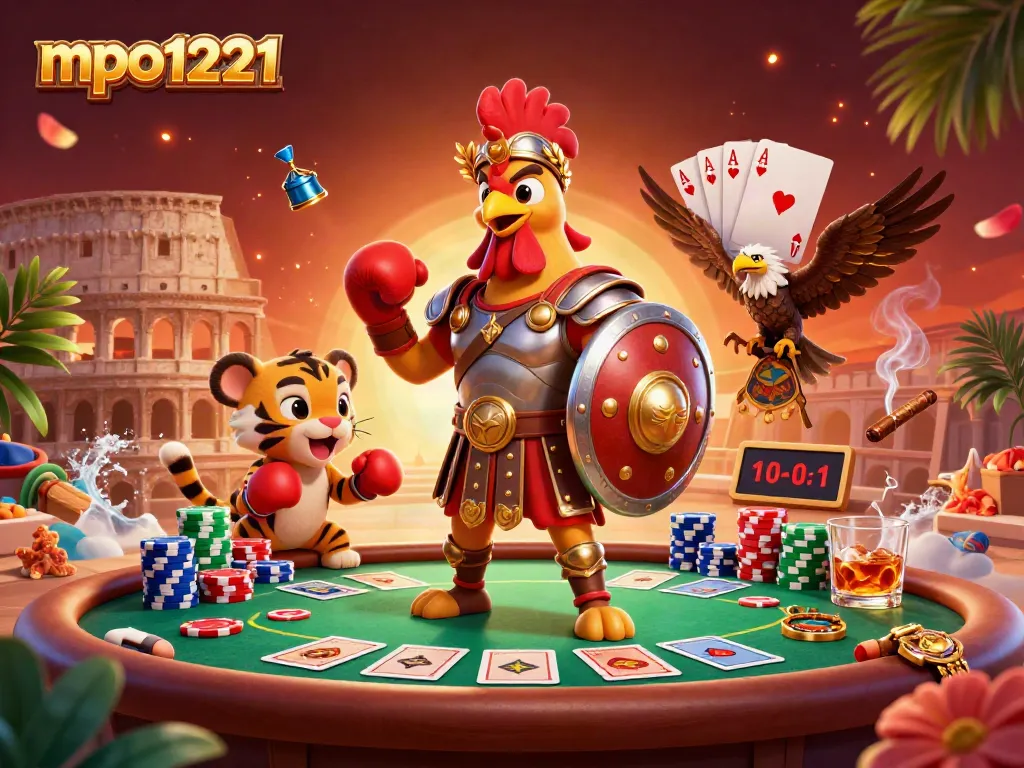 Engage in thrilling poker action with mpo1221's vibrant animated scene showcasing a gladiator rooster amidst colorful casino elements.