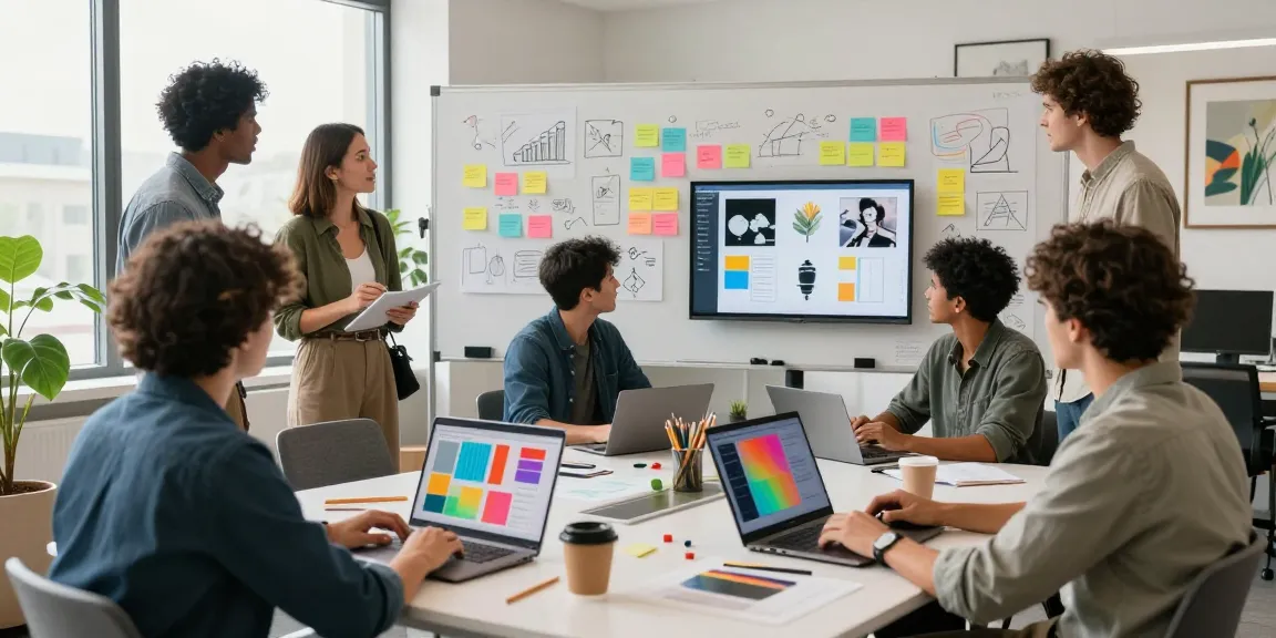 Creative team collaborating on a mixboard with vibrant ideas and visual inspirations.