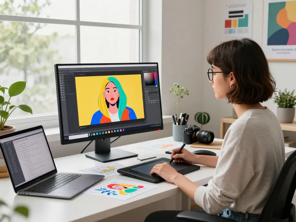 Designer using nano banana pro AI image editor in a modern workspace with vibrant artwork.