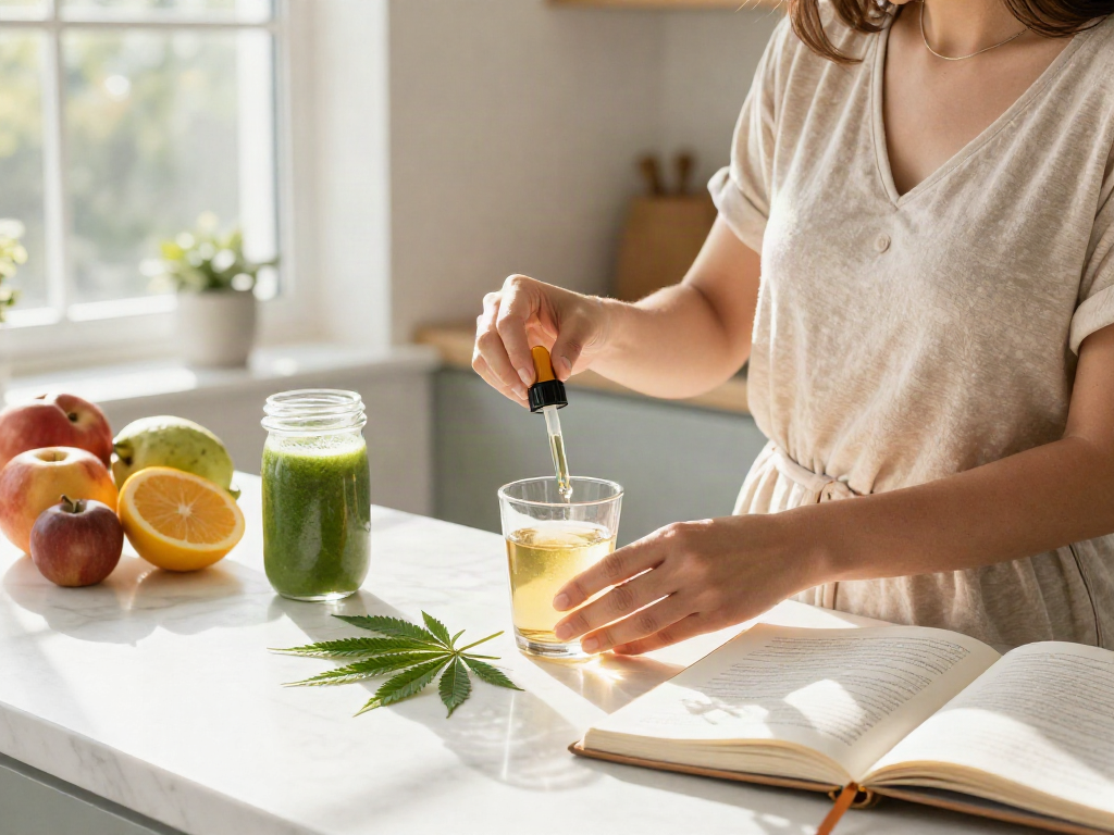 Muha med CBD oil tincture featured in a vibrant wellness kitchen, showcasing natural ingredients for health