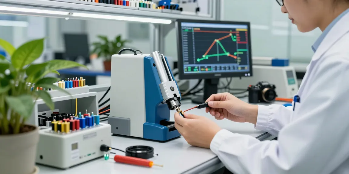 Engineer analyzing wire crimp connectors in a modern manufacturing setup, highlighting quality and innovation.