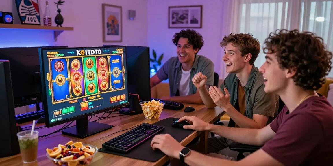 Excited players enjoy a thrilling KOITOTO slot game experience in a cozy gaming room.