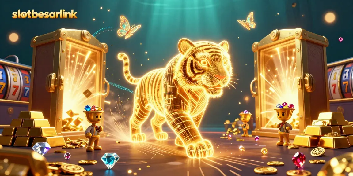 Experience slotbesarlink with a golden tiger navigating through a vibrant digital casino landscape