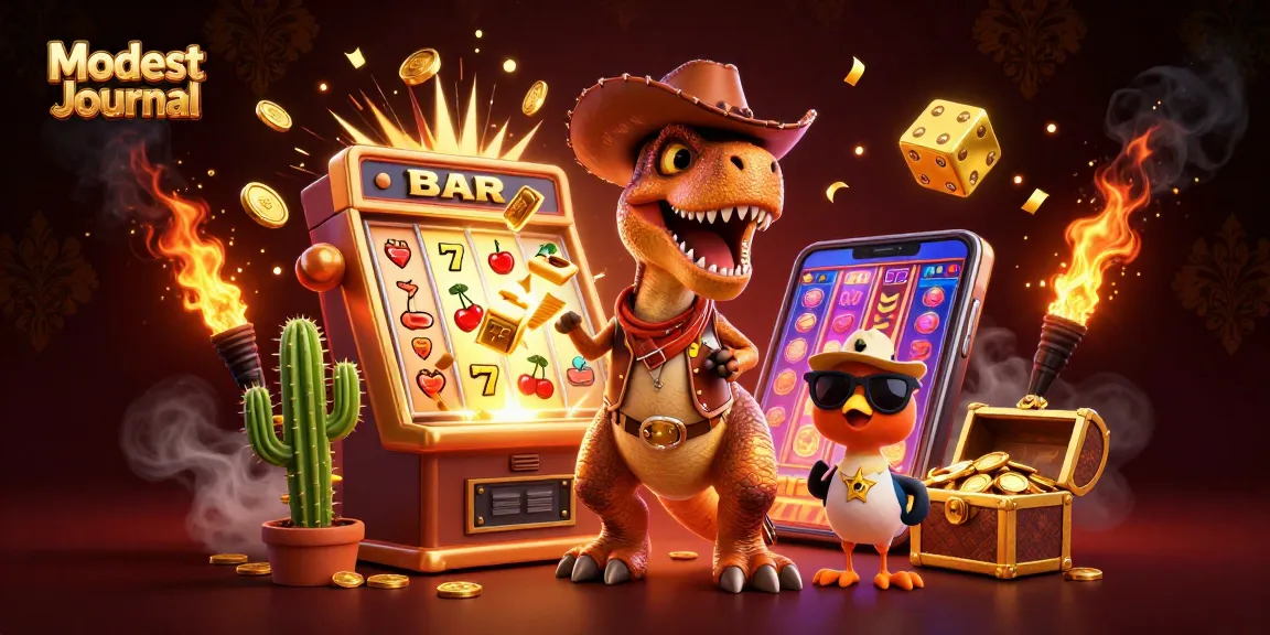 Spin to win with Modest Journal's vibrant 3D casino scene featuring a T-Rex, cactus, and roadrunner.
