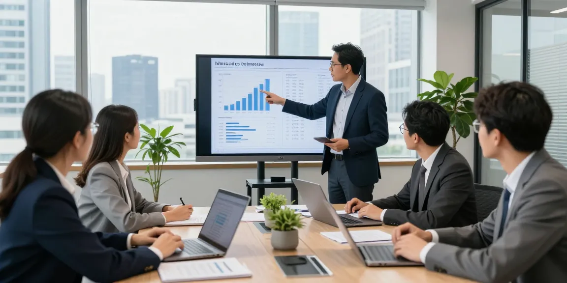 Sleek financial consulting team discussing 소액결제현금화 strategies in a modern office.