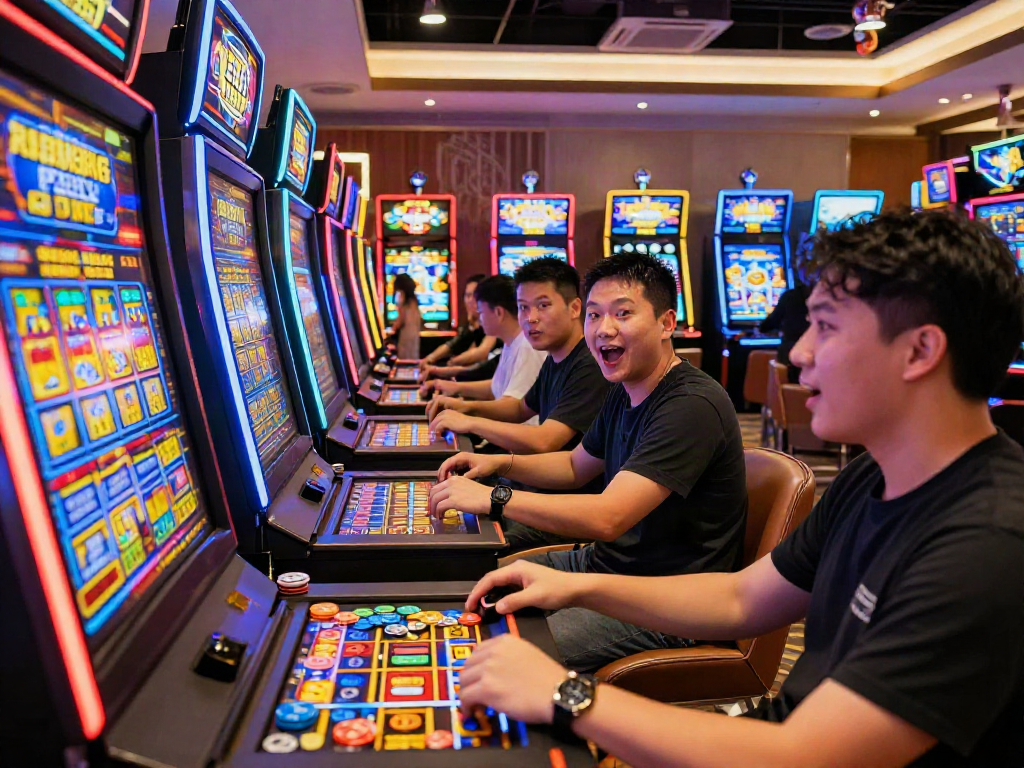 Dynamic gathering at a casino with players enjoying rokok88 slot machines, capturing excitement and vibrant atmosphere.