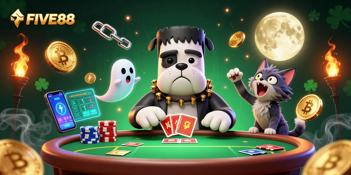 Engage with FIVE88 as a bulldog dealer shuffles cards amid vibrant casino elements in a thrilling scene.
