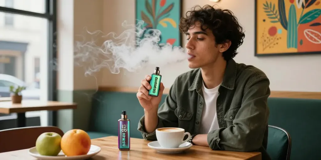 Vibrante Szene mit Al Fakher Grape Mint 8000 Vape in einem Café, stilvolle Person mit Dampf und frischen Früchten.