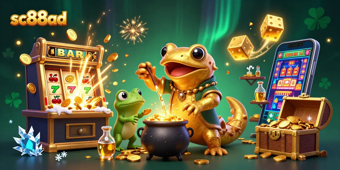 Experience the thrill of SC88AD in this vibrant casino-themed digital illustration with gold coins and jackpot elements.
