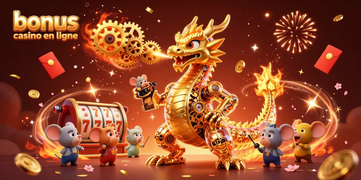 Illustration dynamique d'un dragon et de jeux, bonus casino en ligne en action.