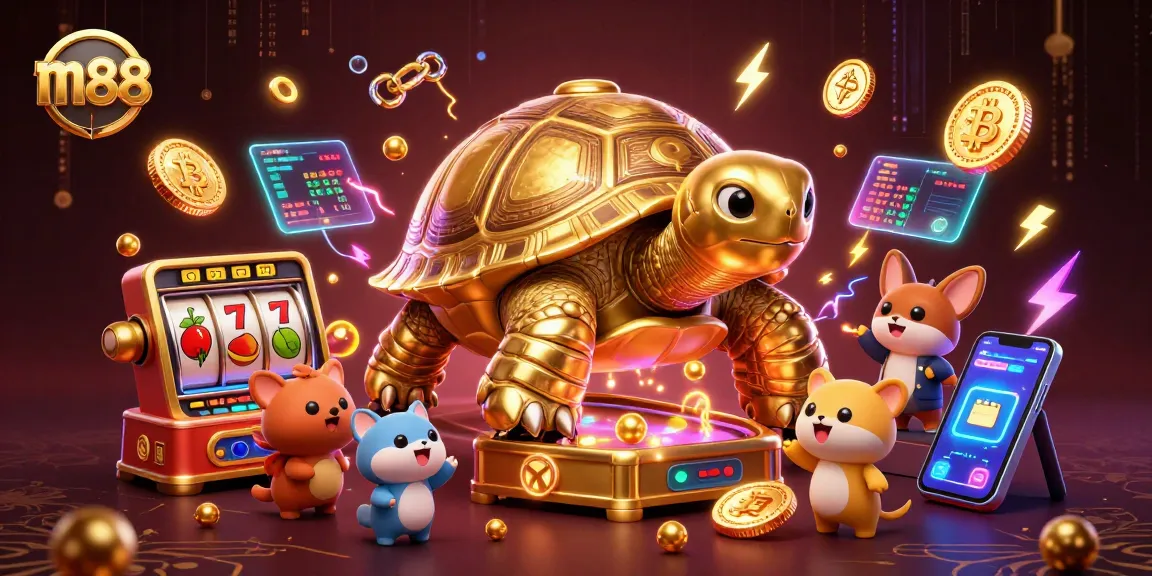 Play thrilling games at m88 with vibrant interaction of a golden tortoise and animated casino elements.