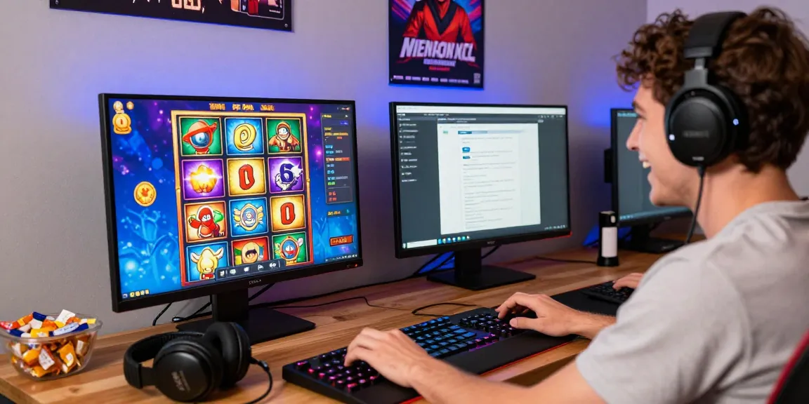 Engaging gaming scene featuring a person playing slot depo 1000 games on a computer in a vibrant room.