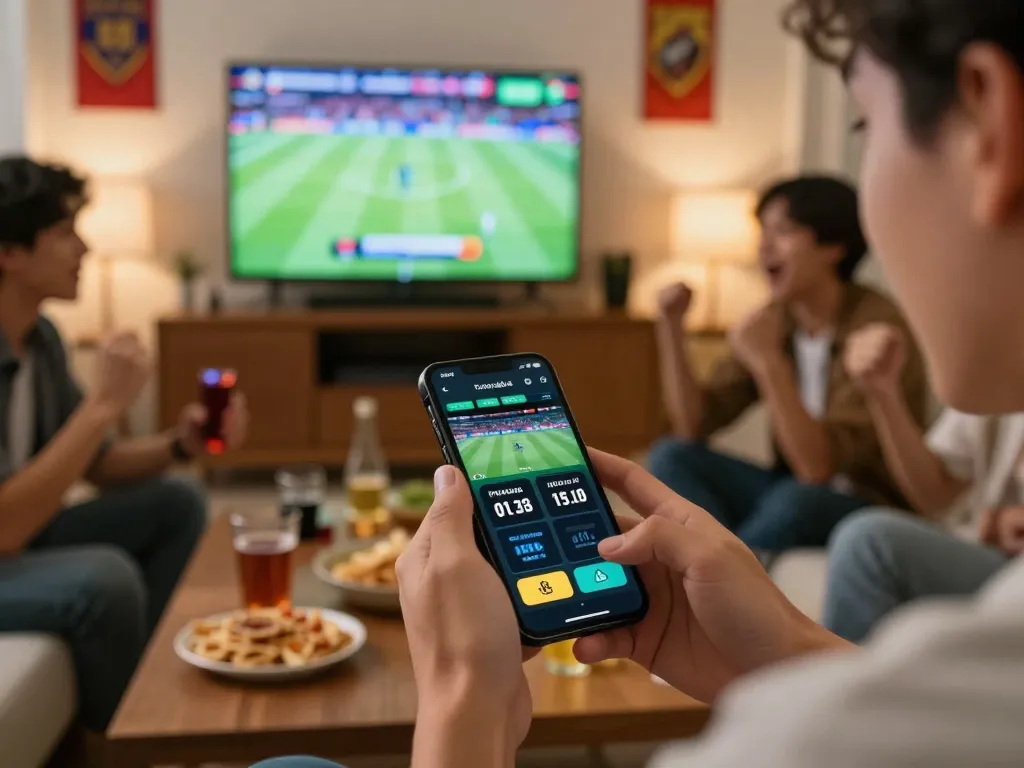 Engaged friends placing bets on keo nha cai during an exciting sports event at home, drinks and snacks adding to the atmosphere.