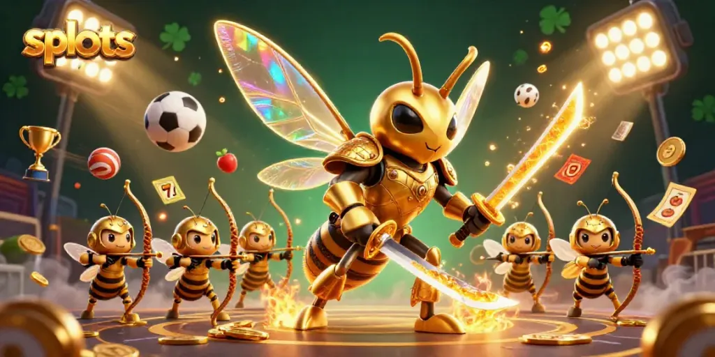 Experience exciting slots with a golden hornet warrior and vibrant casino elements.