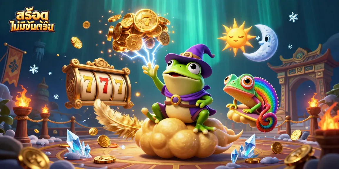 Spin to win with สล็อตไม่มีขั้นต่ำ as the weather wizard frog conjures golden coins in an exciting casino scene.