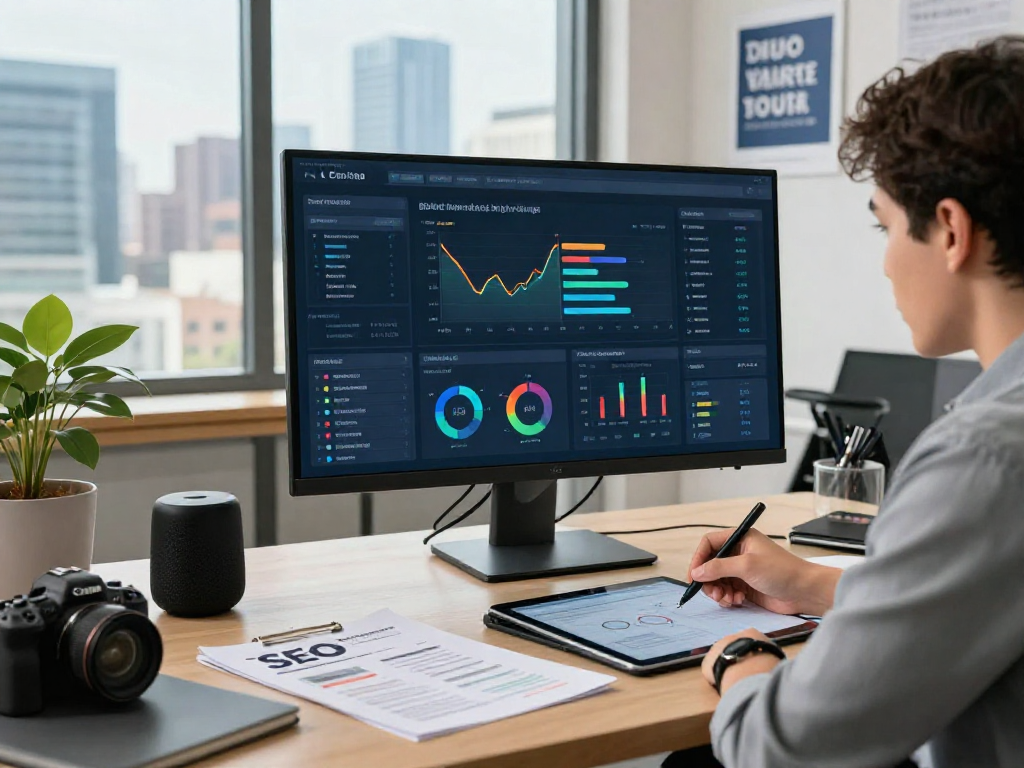 Marketing expert reviewing performance data related to link raja328 in a modern office.