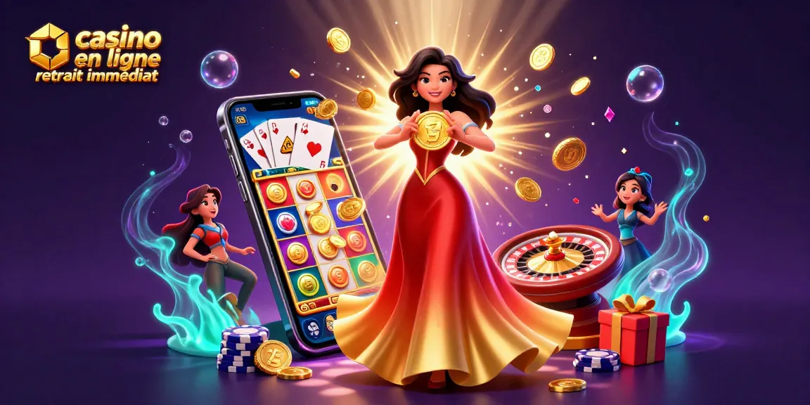 Découvrez des retraits instantanés au casino en ligne retrait immédiat avec des éléments de jeu dynamiques autour d'une femme élégante.