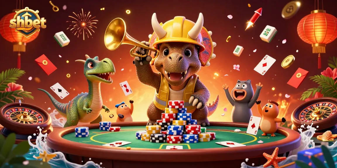 Celebrate with shbet as a triceratops builds poker chip pyramids in an exciting casino scene.