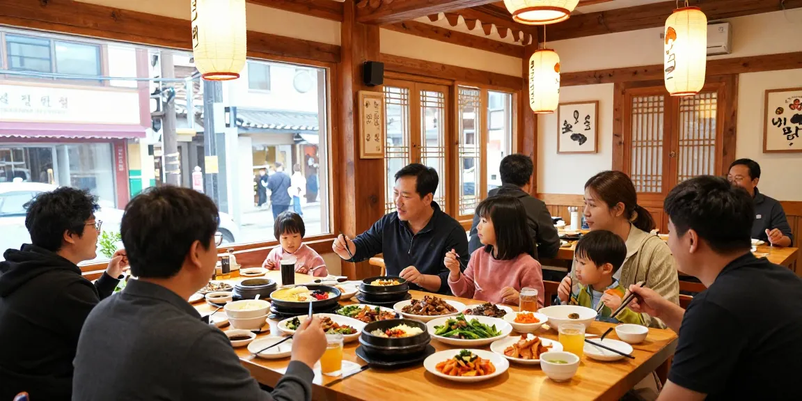 Family enjoying traditional Korean cuisine at 상봉동 한국관 with vibrant dishes and warm atmosphere.