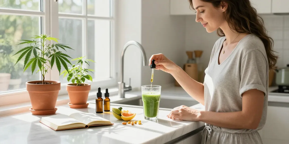 Geek THC wellness scene with CBD oil tincture, fresh hemp plants, and organic supplements in a bright kitchen.
