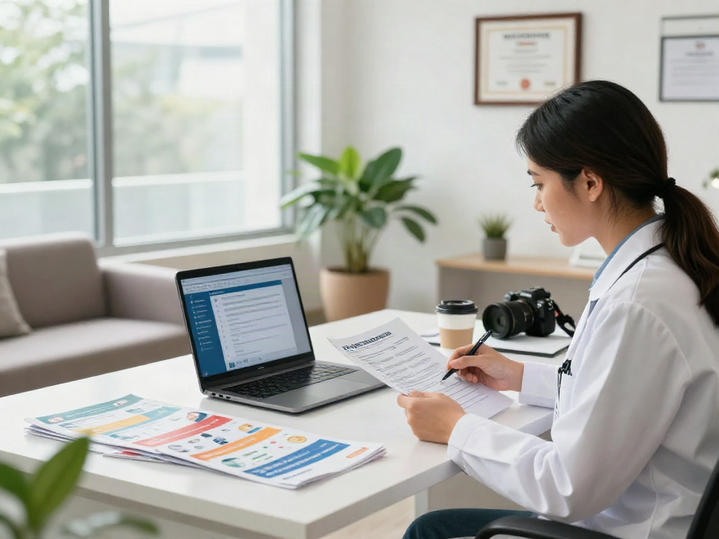 Healthcare professional processing an online medical card Texas in a bright, welcoming office space.