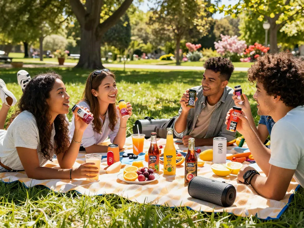 Friends enjoying Hitz infinity Gen 7 flavors outdoors in a sunny park.