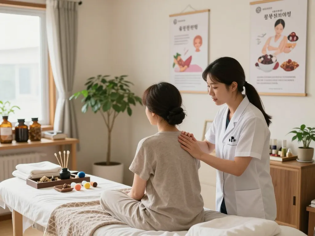 In 윤빛한의원, a 수원한의원 practitioner provides personalized treatment in a soothing environment.