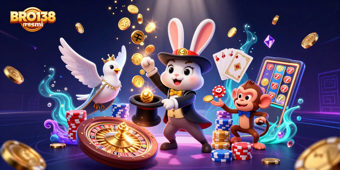 Spin and win at BRO138 resmi while the magician rabbit pulls coins, showcasing thrilling slot excitement.