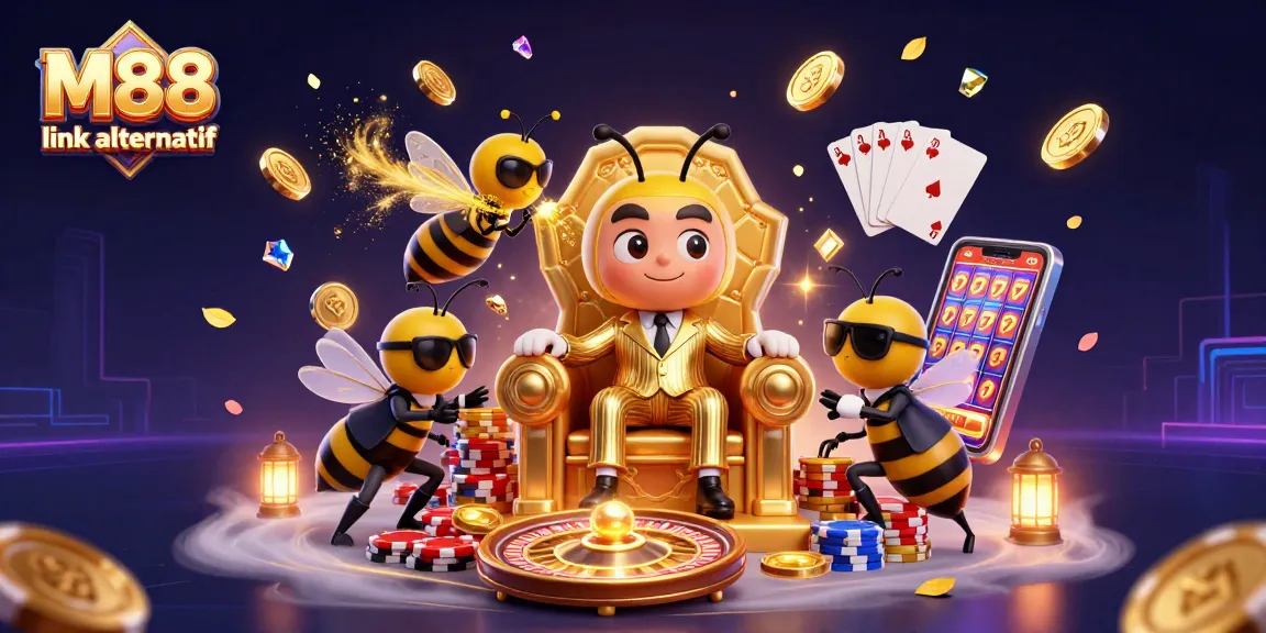 The bumblebee mob boss rules the online betting world at M88 link alternatif, surrounded by coins and gaming elements.
