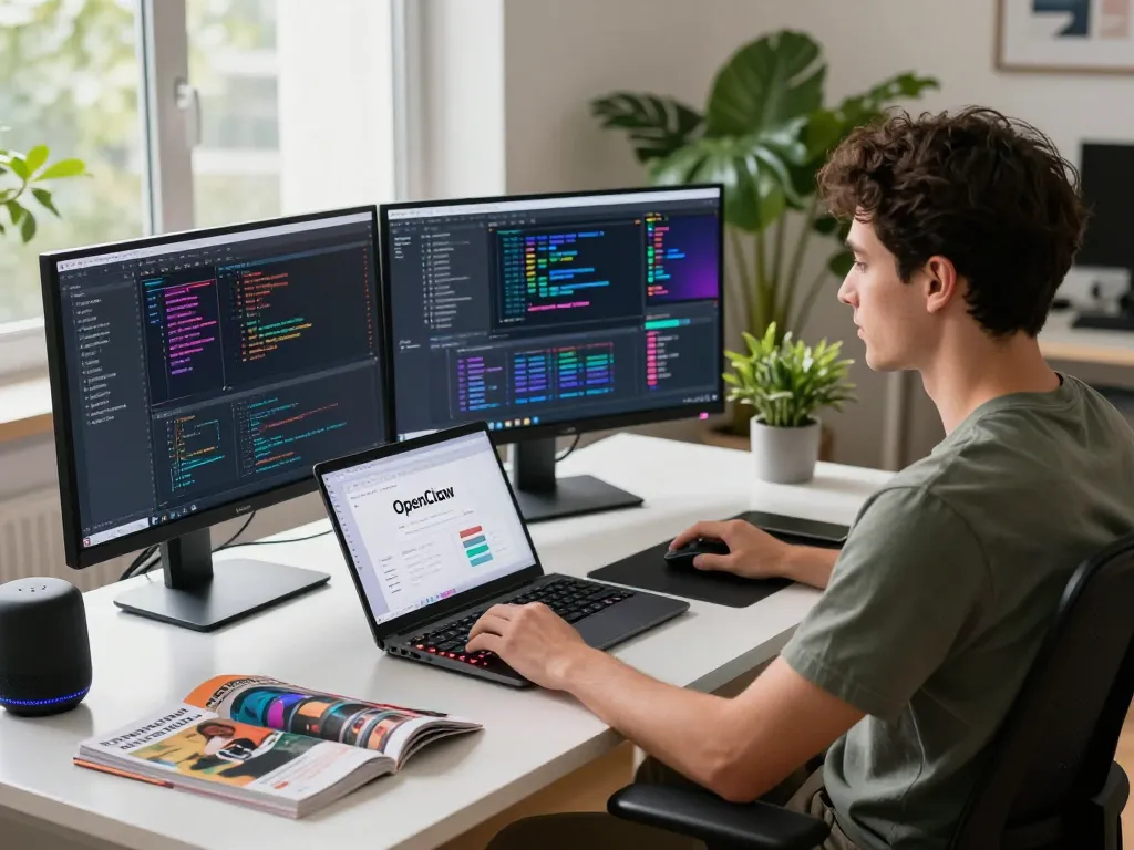 Developer using OpenClaw personal AI assistant in a modern workspace
