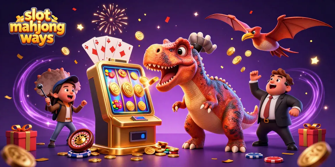 Experience the excitement of slot mahjong ways as dinosaurs celebrate a jackpot, with vibrant casino elements.