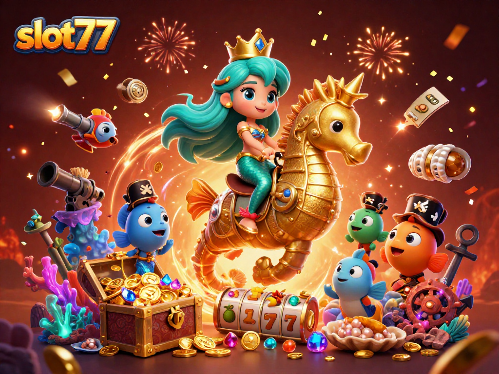 Experience thrilling wins at slot77 with vibrant mermaid princess, seahorse, and lively slot elements.